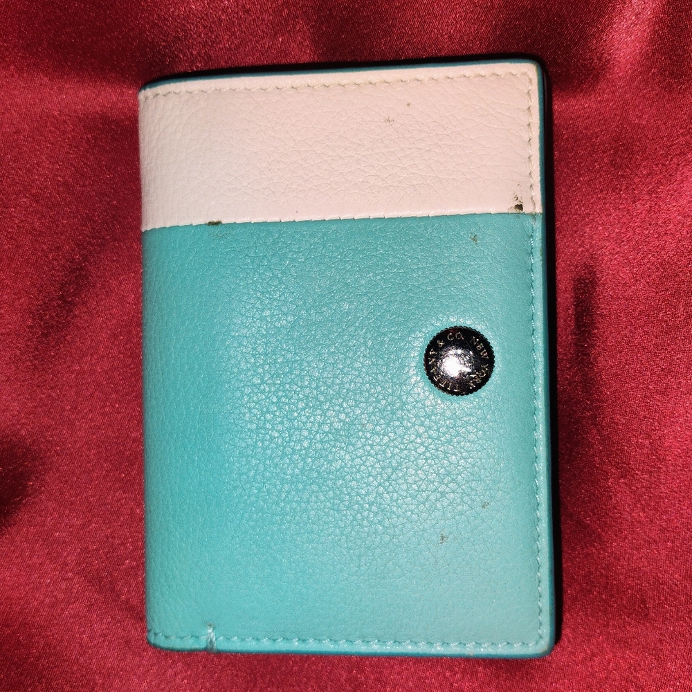 Tiffany & Co. Color Block Card Leather Wallet Turquoise White